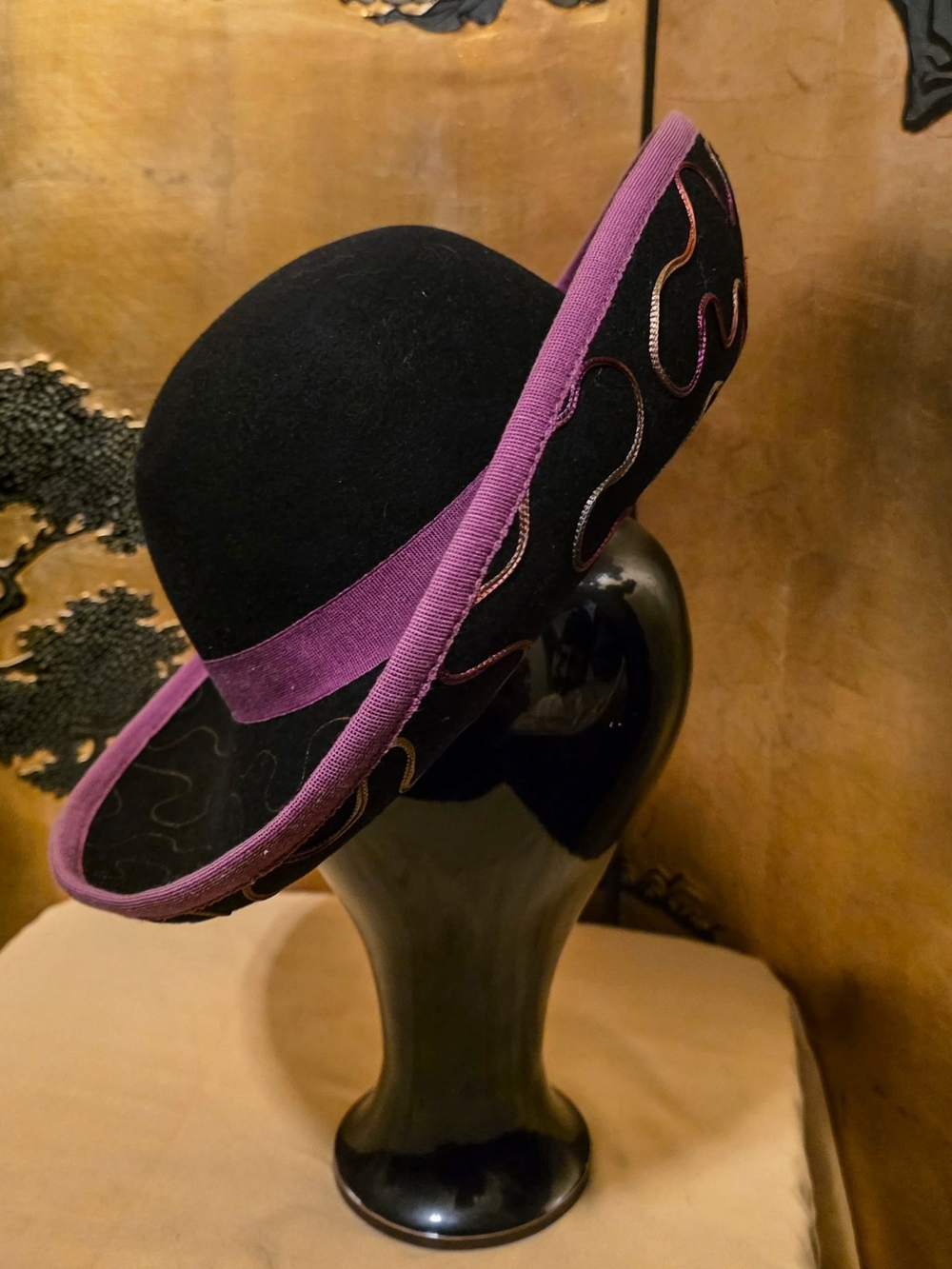 Black and Purple Vintage Wide-Brim Felt Hat with Decorative Trim
